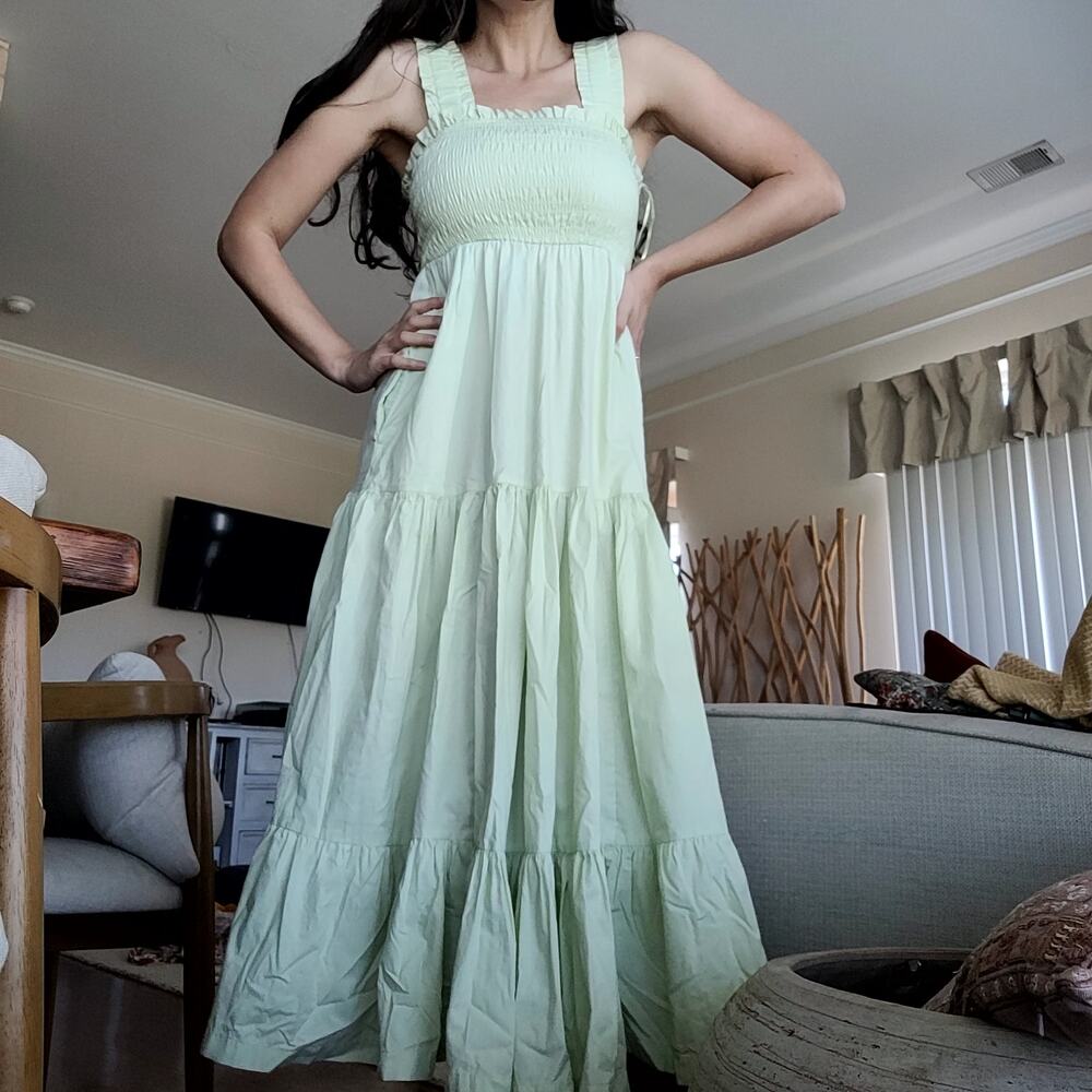 Abercrombie Tiered Green Mint Dress Smocked Maxi Sz XS